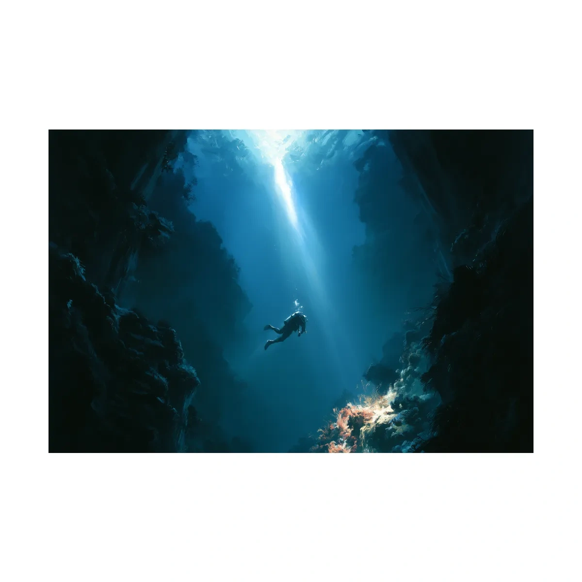 Surreal Underwater Scuba Diver Painting - Dramatic Deep Sea Wall Art