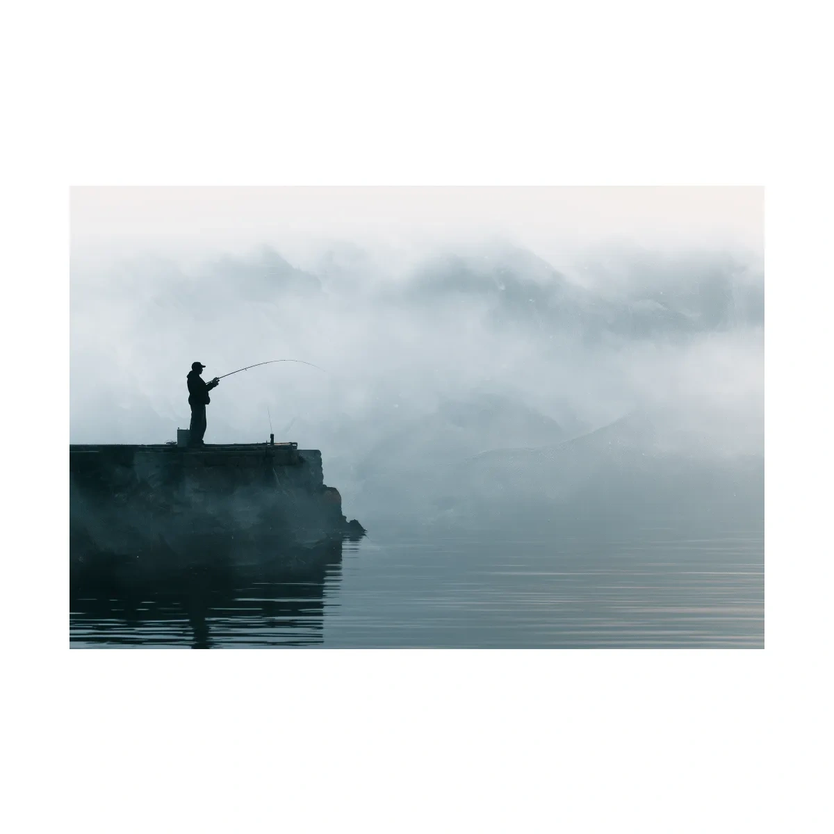 Misty Fisherman Silhouette - Minimalist Photographic Wall Art