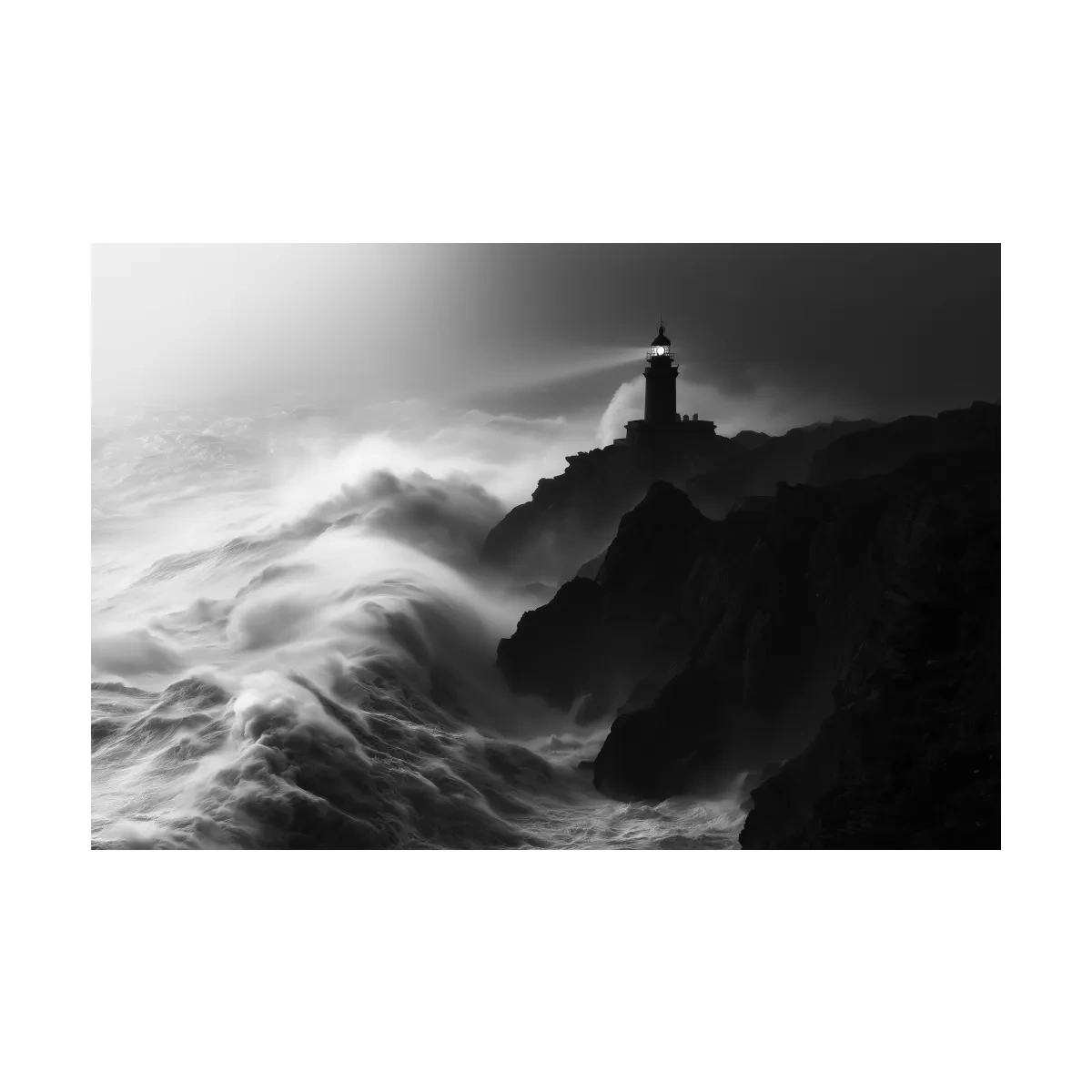 Misty Lighthouse Storm Waves - Black And White Photographic Wall Art