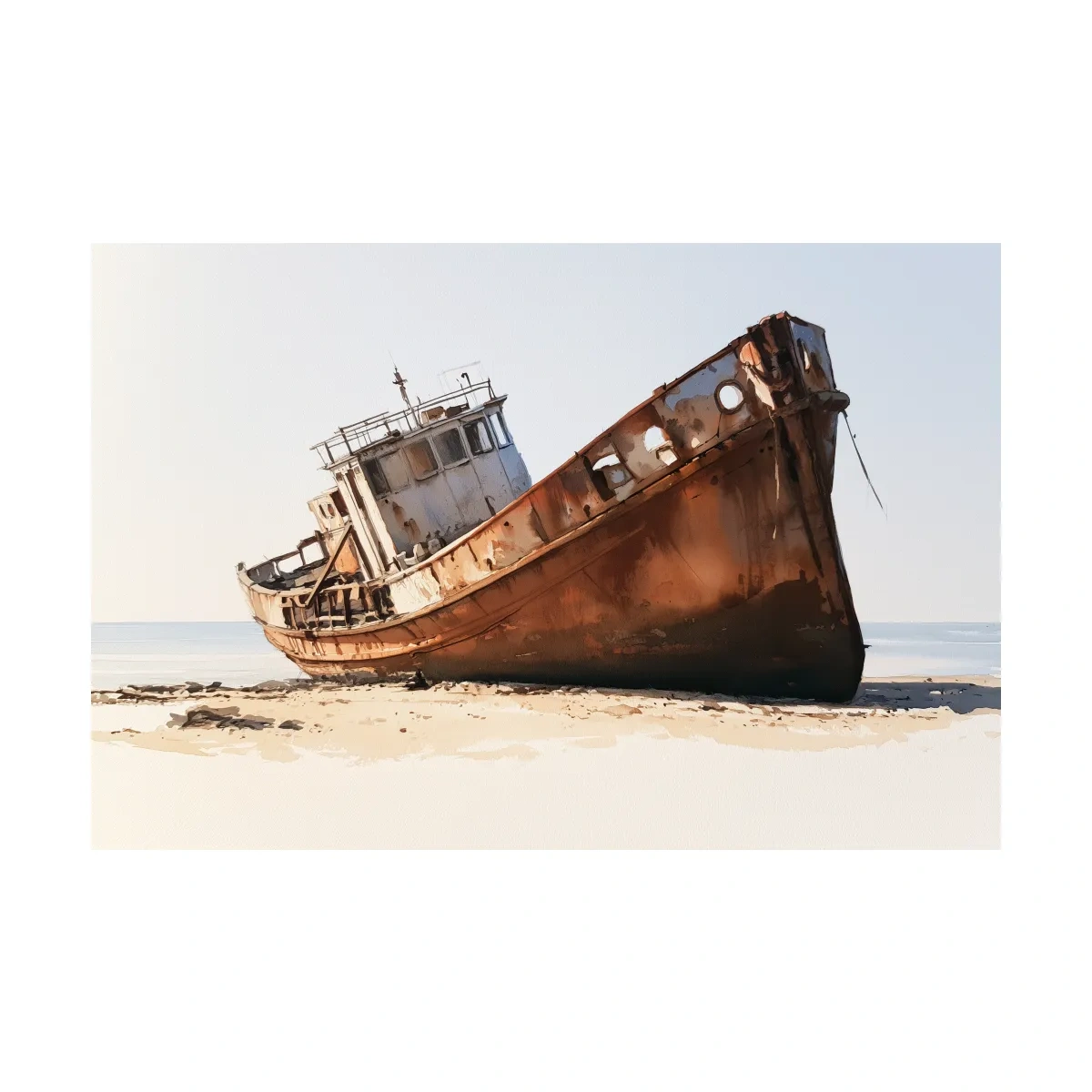Rustic Shipwreck Watercolour Painting - Weathered Beach Nautical Wall Art