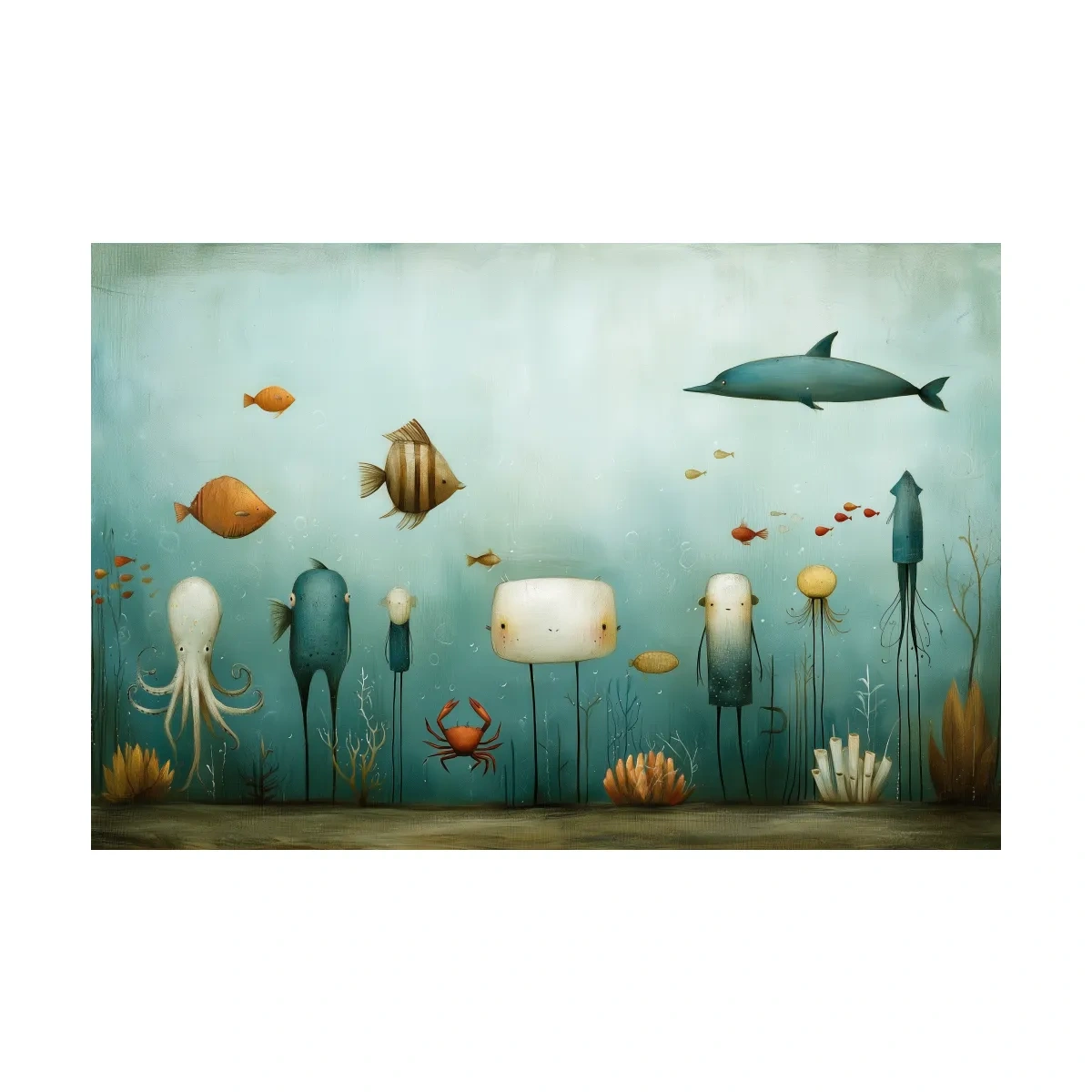 Whimsical Underwater Marine Life Painting - Quirky Folk Art