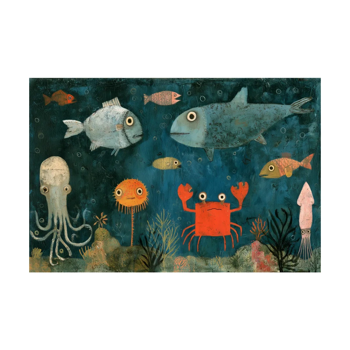 Whimsical Folk Art Marine Life Painting - Underwater Nursery Wall Art