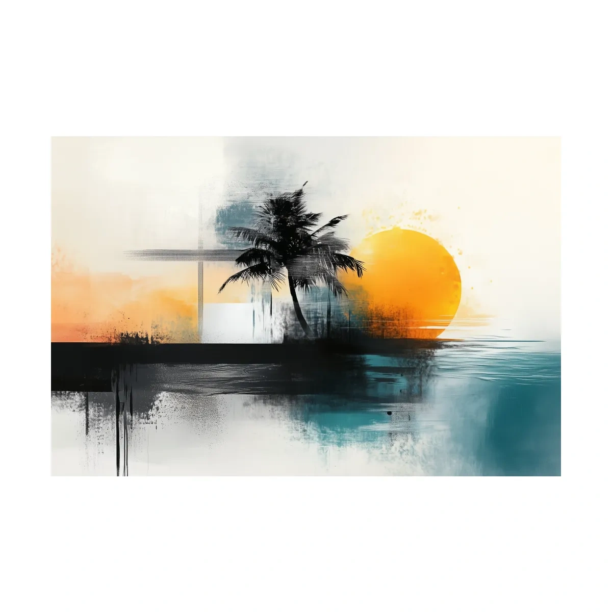 Abstract Tropical Palm Sunset Painting - Beach Horizon Wall Art