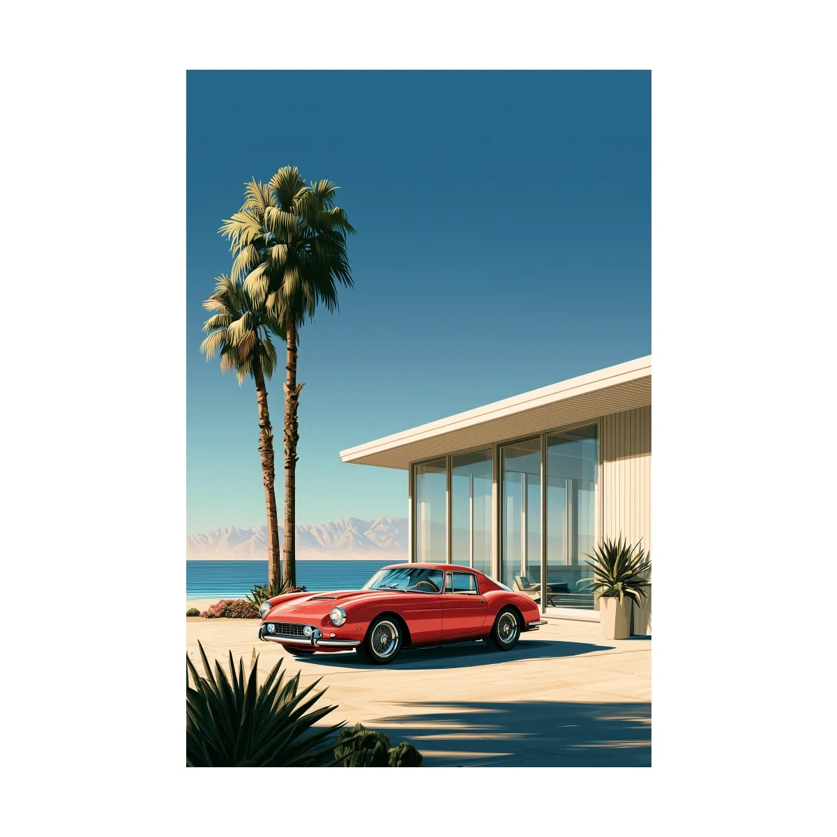 1950s Modernist Palm Springs Car Illustration - Mid Century Coastal Wall Art