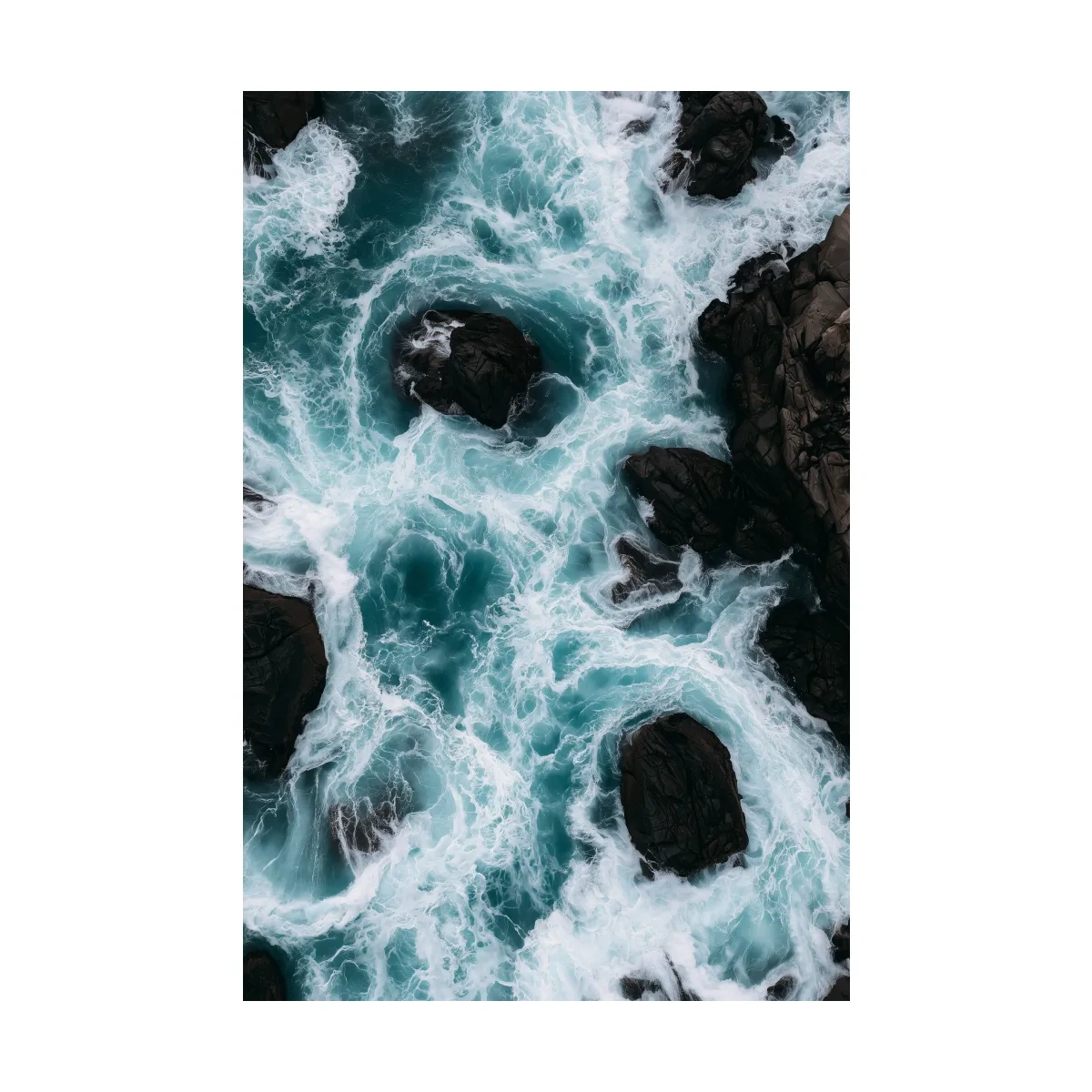 Aerial Crashing Waves Over Rocky Shore - Dramatic Photographic Wall Art