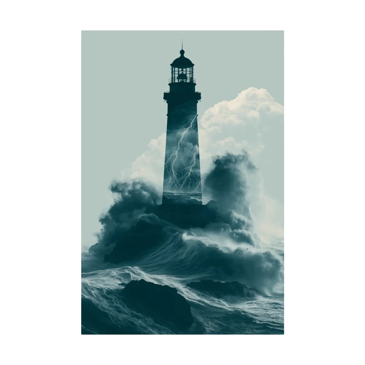 Surreal Storm Lighthouse Double Exposure - Dramatic Ocean Illustration Wall Art