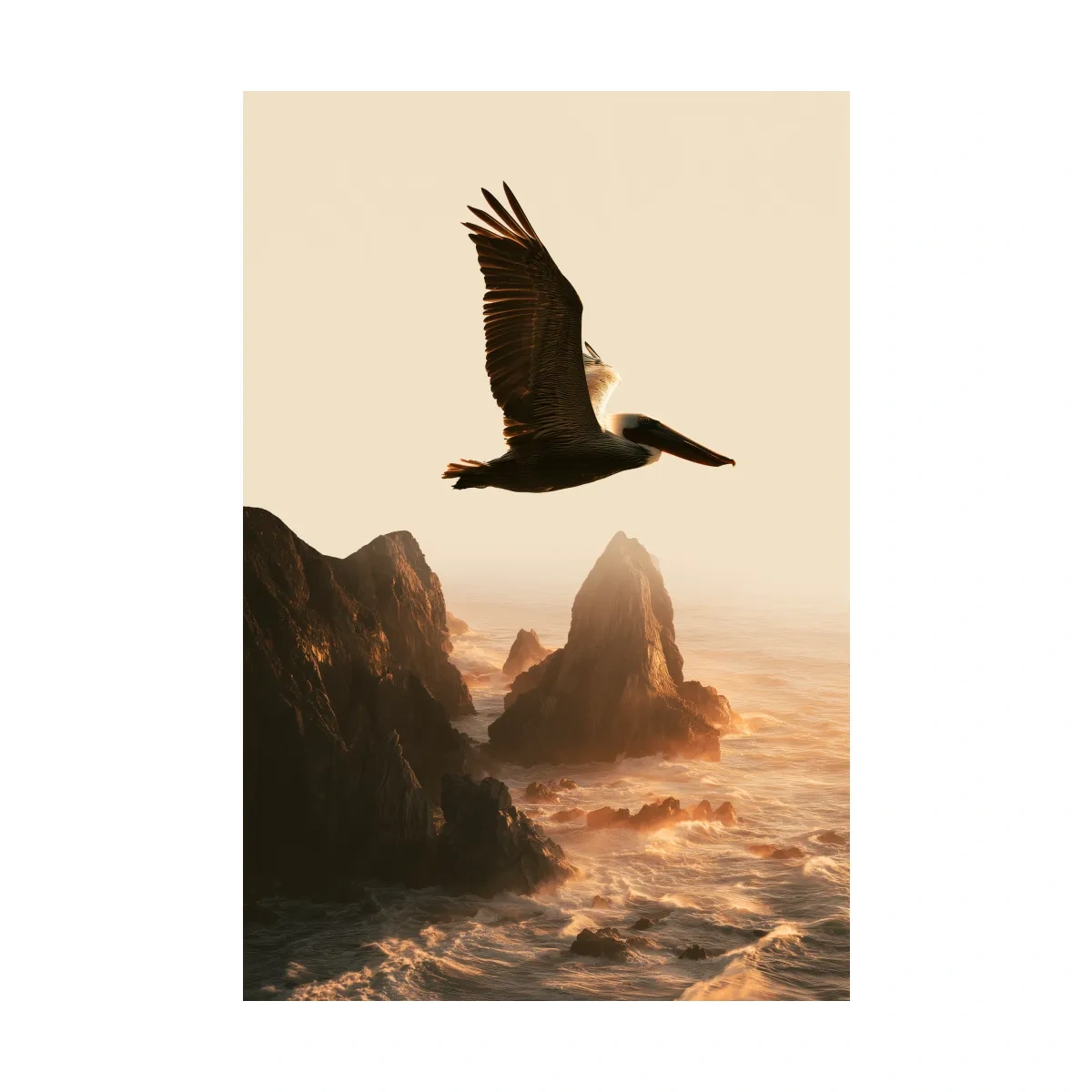 Golden Hour Pelican Flight - Dramatic Coastal Cliff Photographic Wall Art