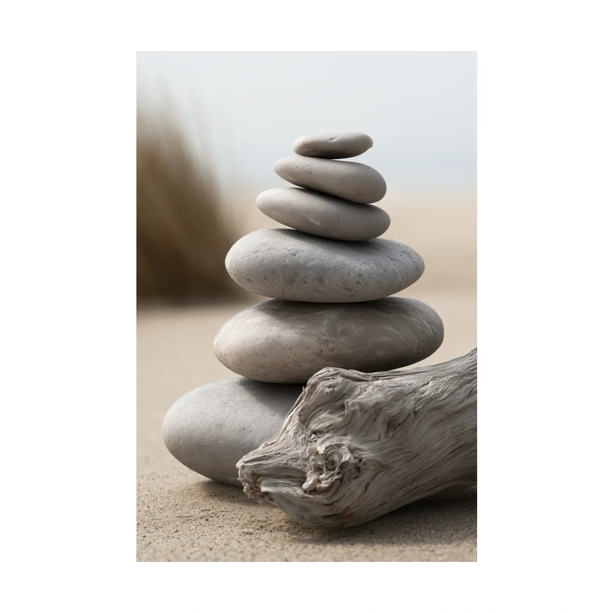 Balanced Pebble Stack With Driftwood - Minimalist Photographic Coastal Wall Art