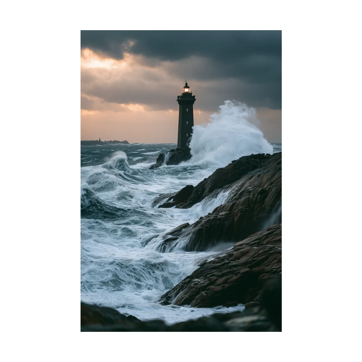 Misty Lighthouse Storm Waves - Dramatic Photographic Seascape Wall Art
