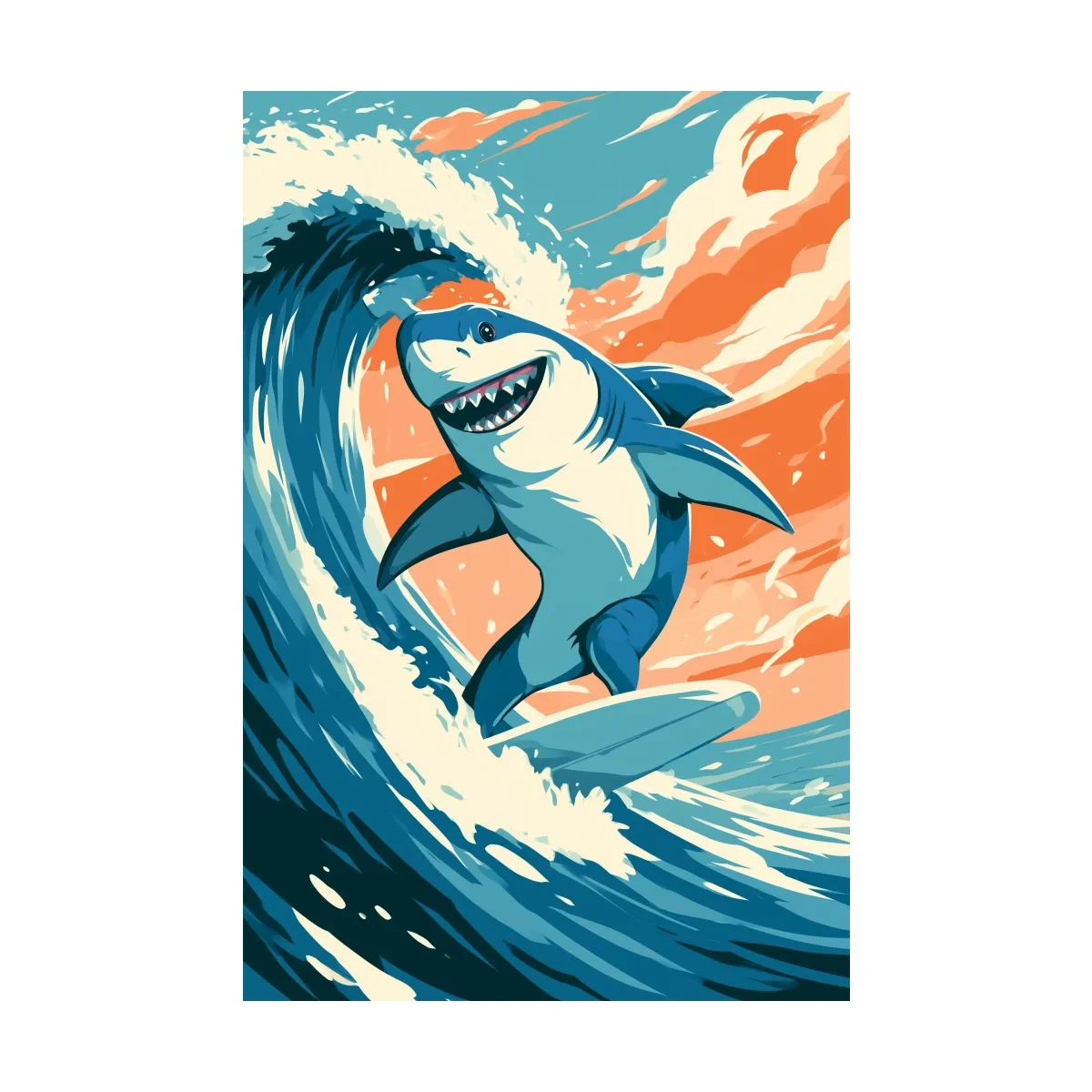Happy Surfing Shark Vector Illustration - Quirky Marine Life Wall Art