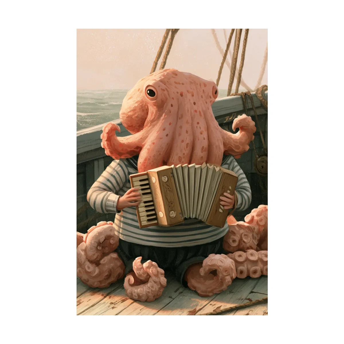 Whimsical Scandi Octopus Accordion Player - Nautical Folk Art Painting