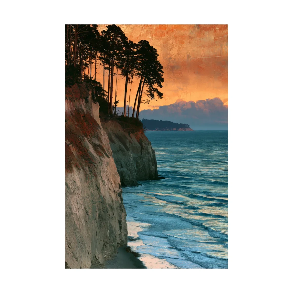 Sunset Coastal Cliffs And Pine Trees - Abstract Illustration Wall Art