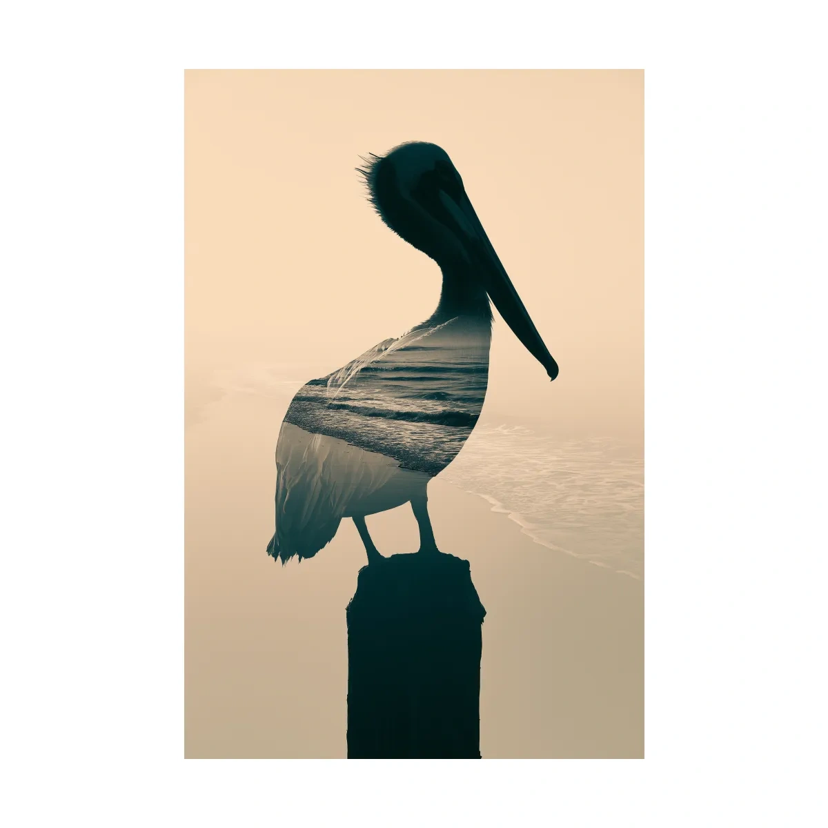Pelican Double Exposure Silhouette - Minimalist Beach Photographic Wall Art