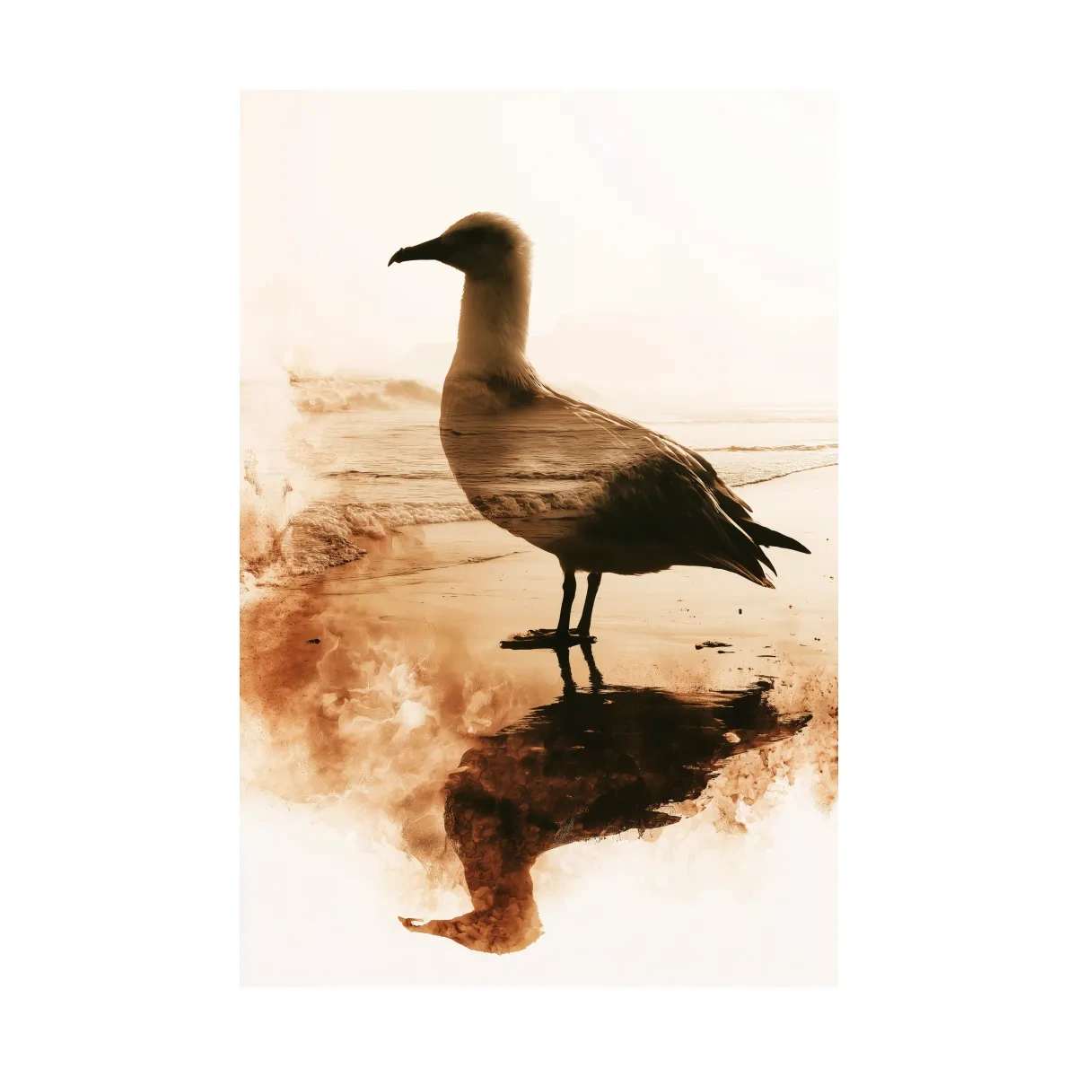 Seagull Double Exposure Beach Silhouette - Minimalist Photographic Wall Art