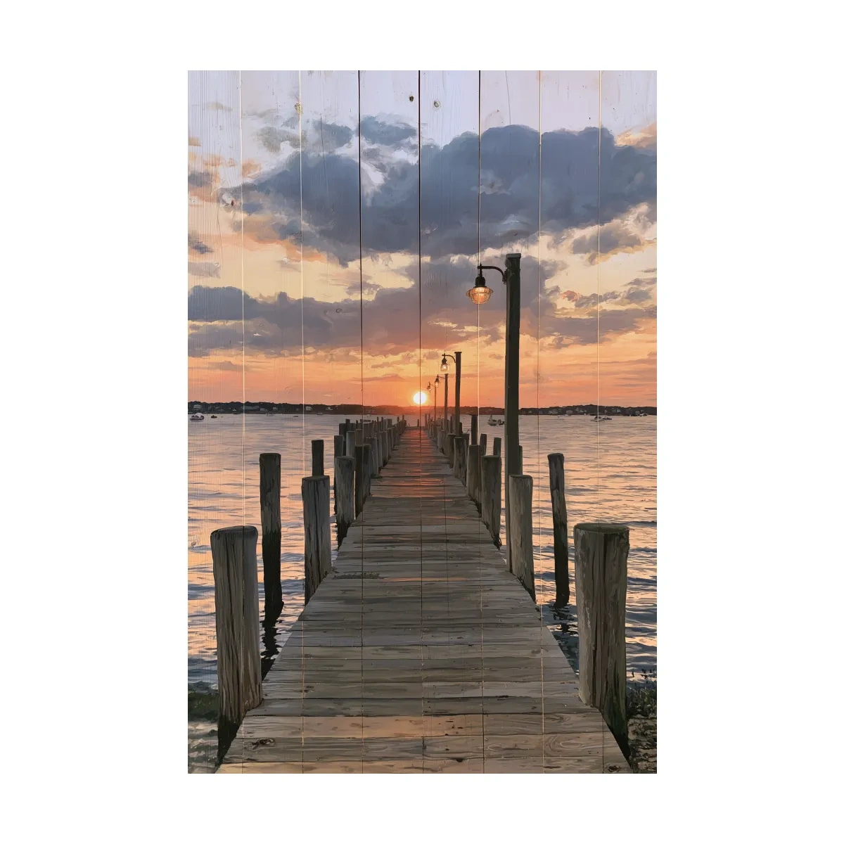 Sunset Pier Painting Reclaimed Wood Effect - Coastal Landscape Wall Art