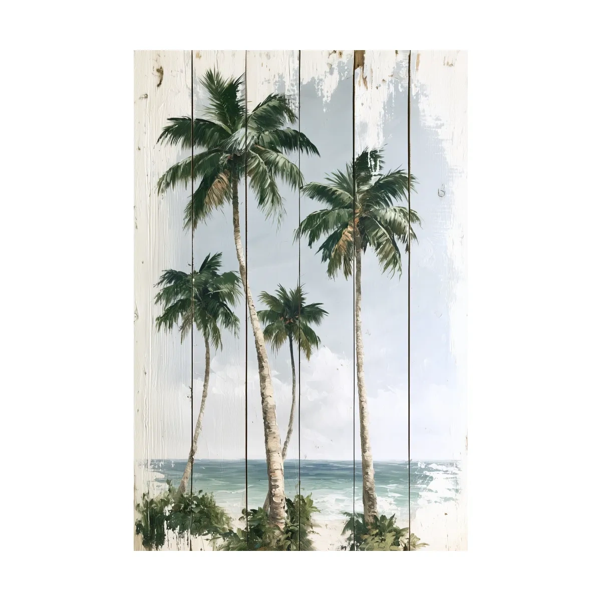 Tropical Palm Trees Beach Painting - Rustic Reclaimed Wood Effect Wall Art