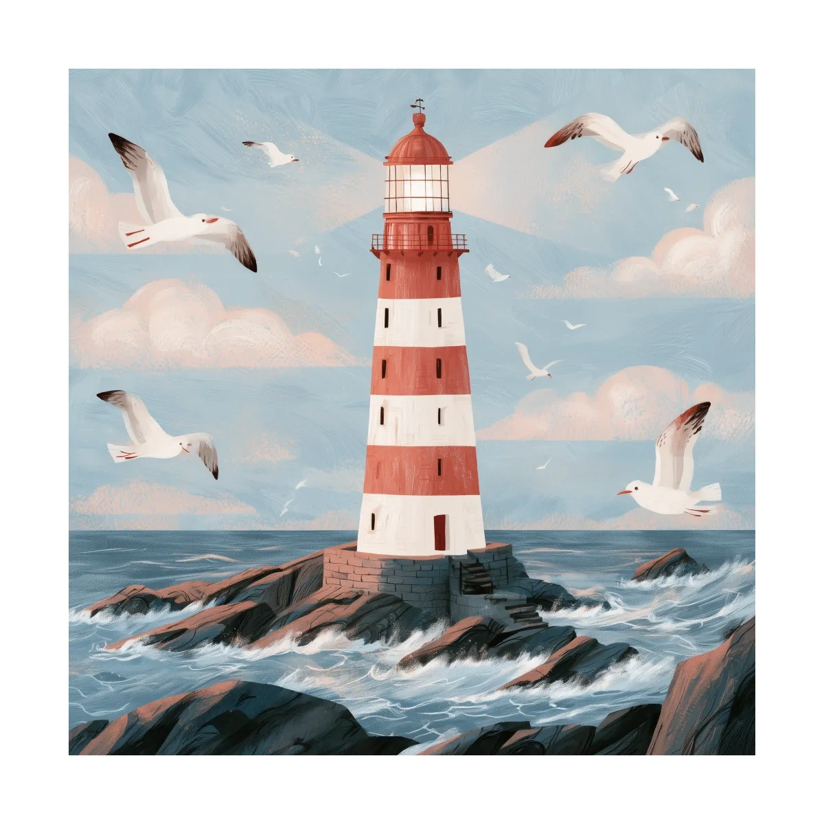 Whimsical Scandi Lighthouse Seagull Painting - Coastal Wall Art