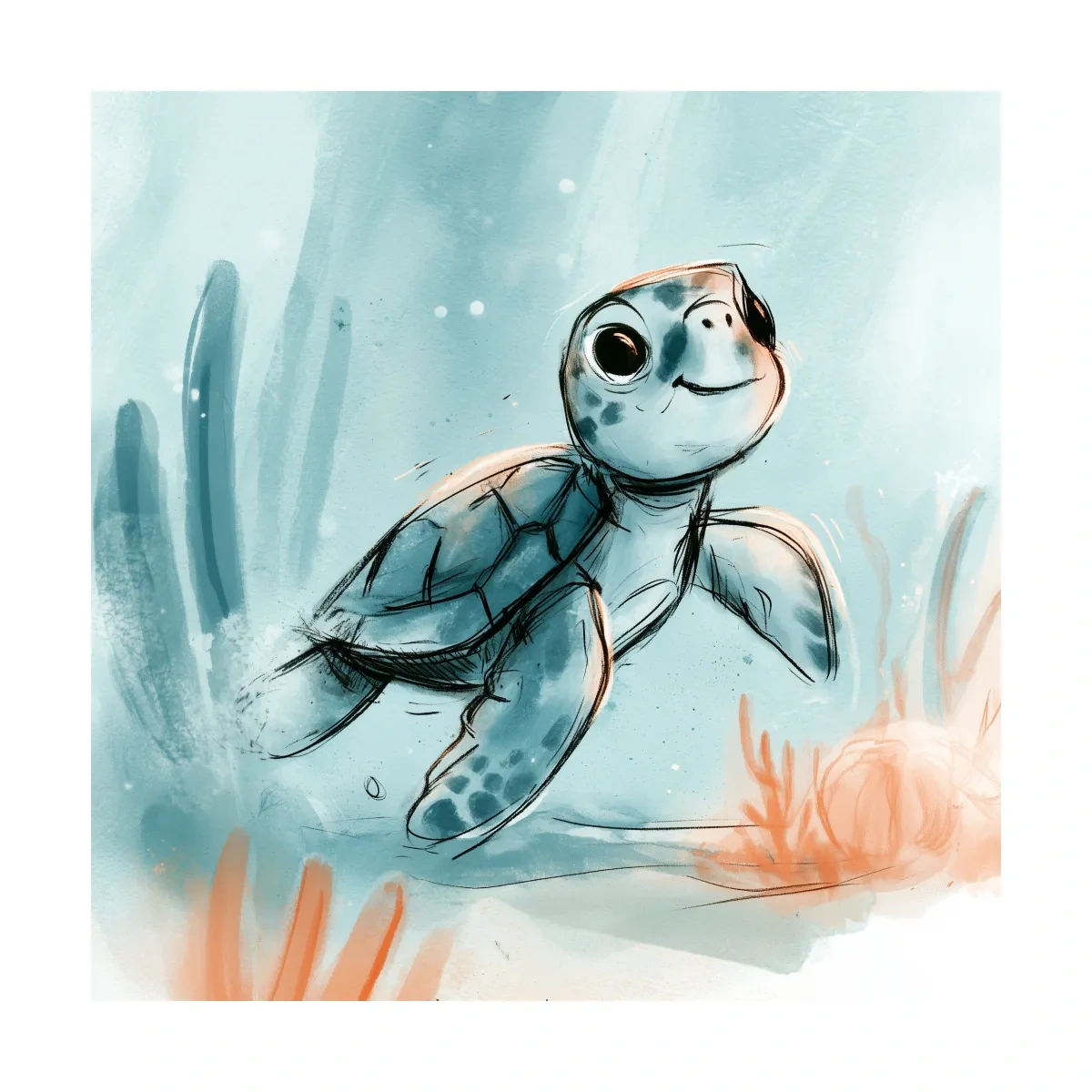 Cute Sea Turtle Underwater Watercolour Illustration - Marine Life Wall Art