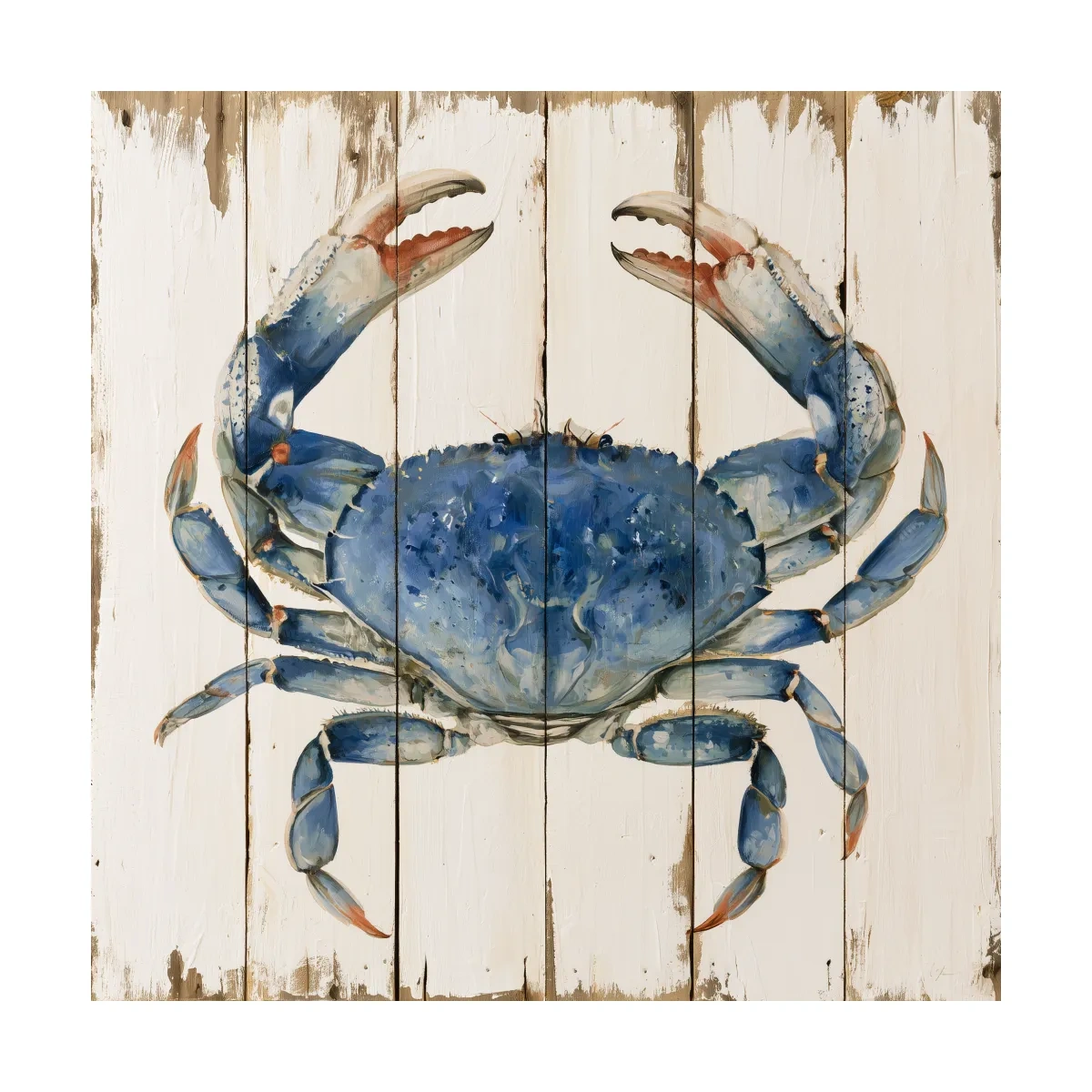 Blue Crab Painting on Wood Effect - Rustic Coastal Marine Life Wall Art