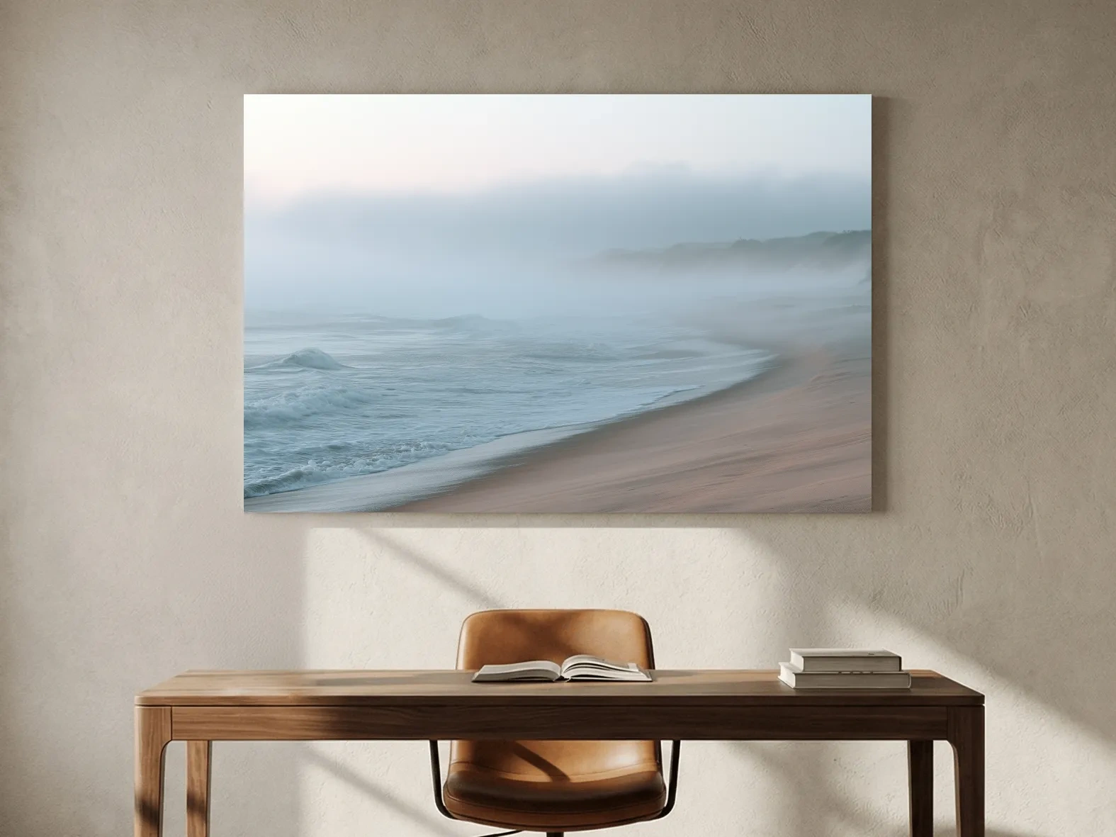Misty Beach Shoreline - Minimalist Photographic Wall Art