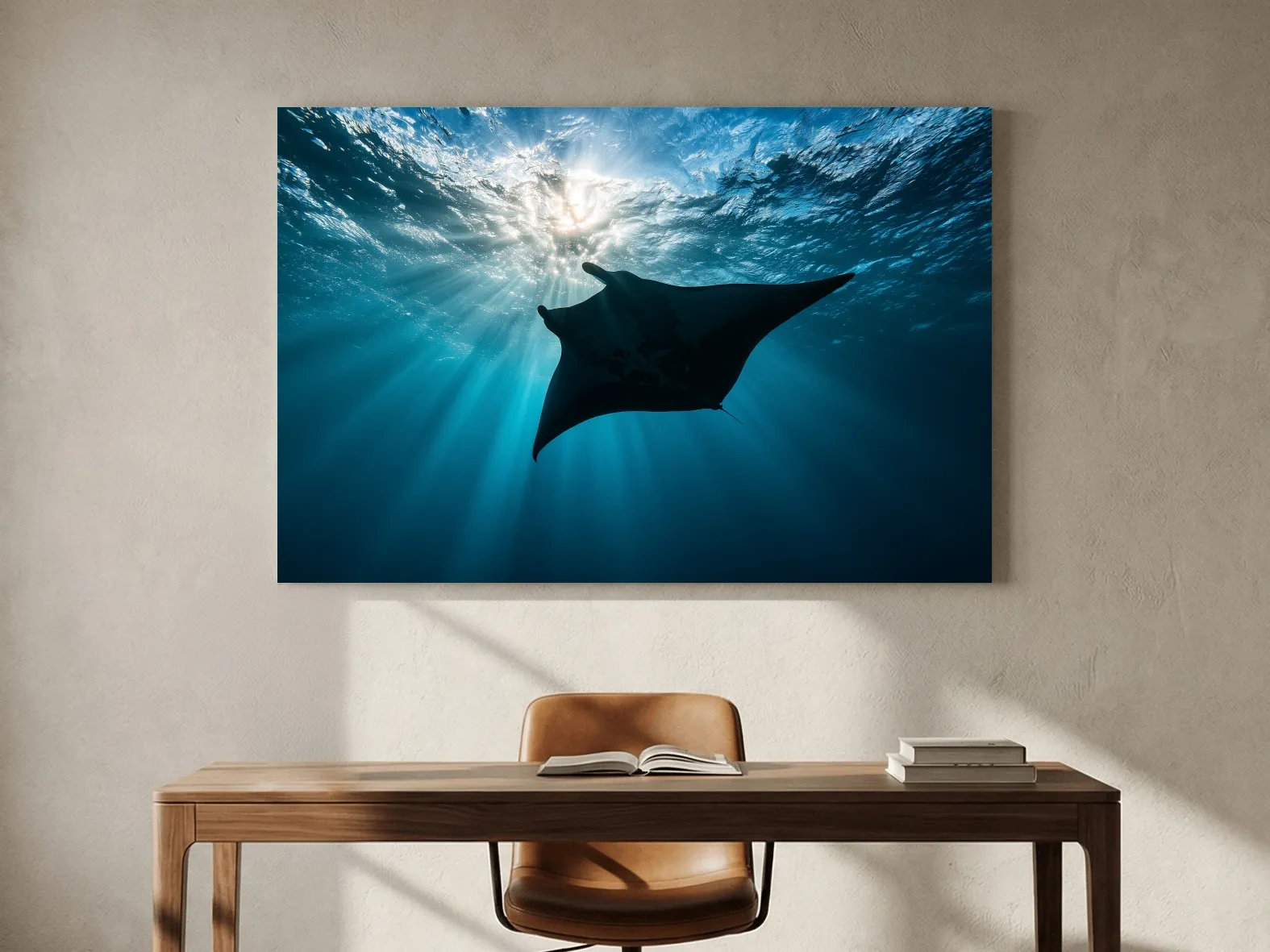 Majestic Manta Ray Silhouette - Sunlit Underwater Photographic Art