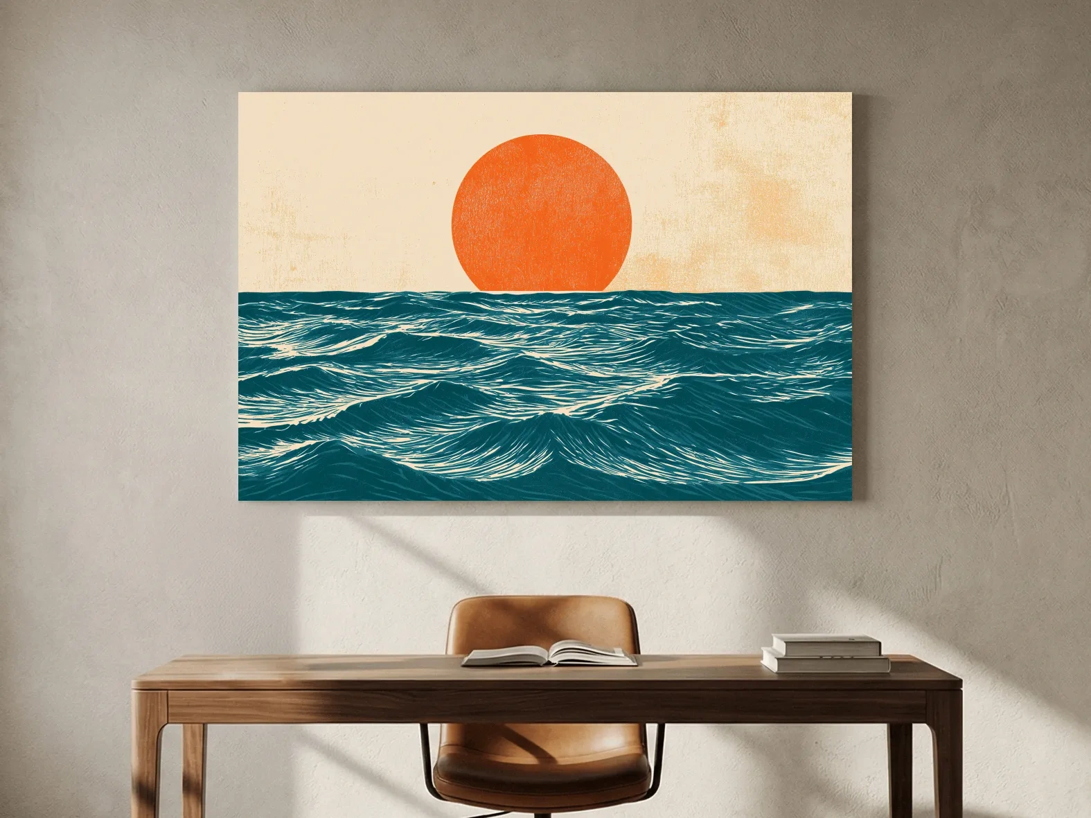 Mid-Century Ocean Sunrise Illustration - Minimalist Wave Wall Art