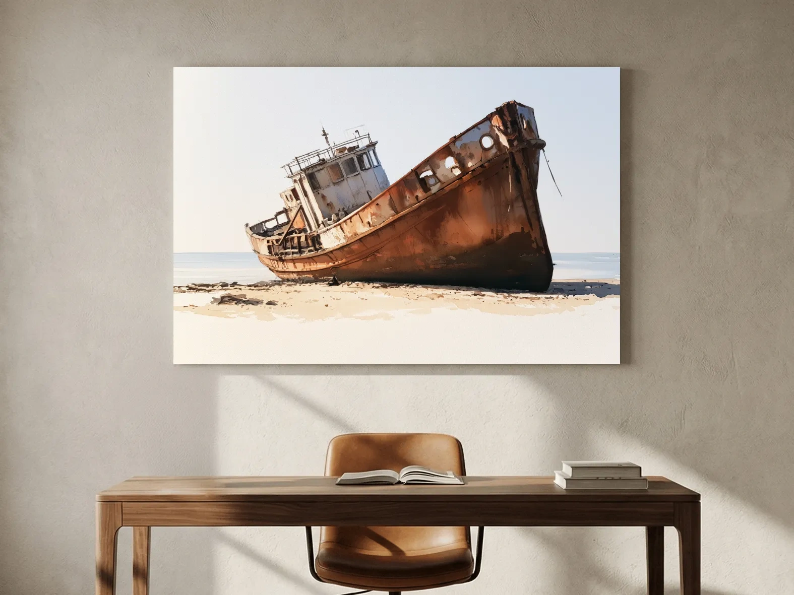 Rustic Shipwreck Watercolour Painting - Weathered Beach Nautical Wall Art