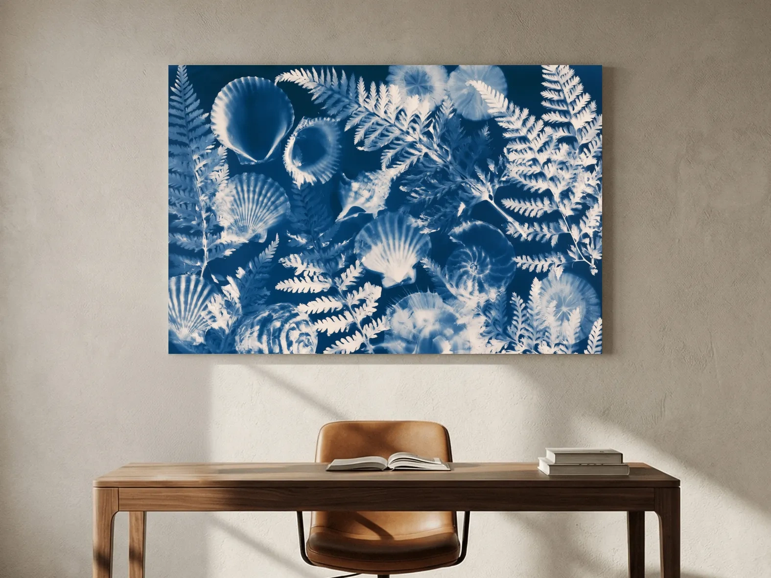 Cyanotype Seashell And Fern Illustration - Hamptons Tropical Wall Art