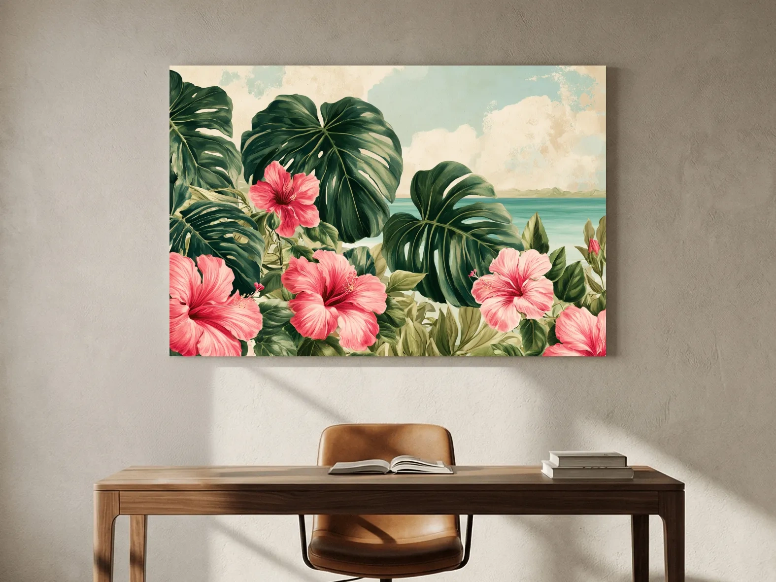 Tropical Hibiscus And Monstera Watercolour - Coastal Botanical Wall Art