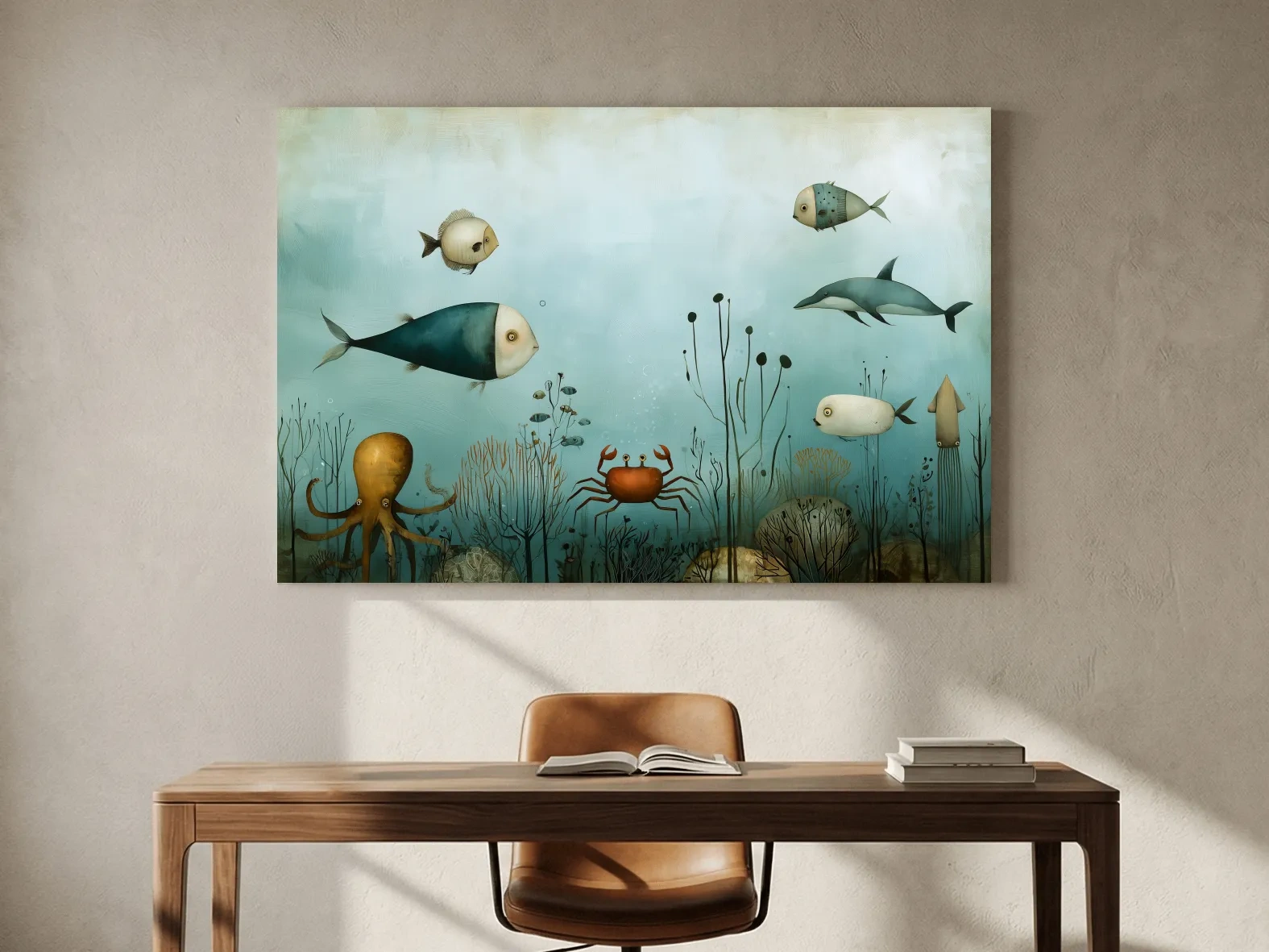 Whimsical Underwater Marine Life Painting - Fish Dolphin Octopus Crab Wall Art