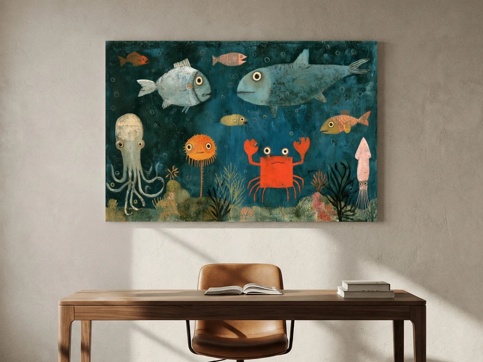 Whimsical Folk Art Marine Life Painting - Underwater Nursery Wall Art
