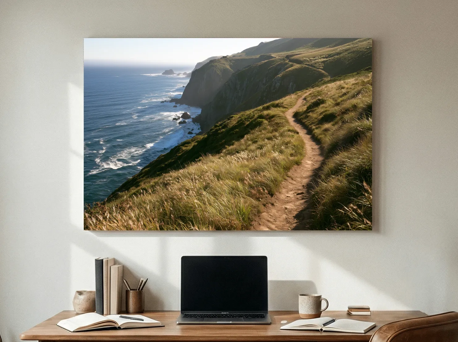 Misty Coastal Cliff Hiking Trail - Photographic Landscape Wall Art