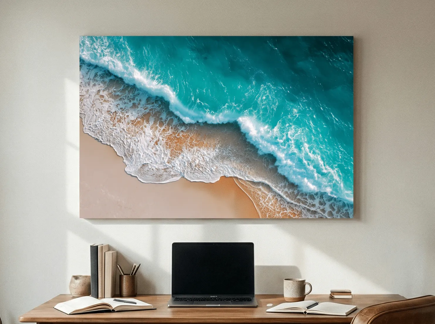 Aerial Tropical Waves on Sandy Beach - Serene Coastal Photographic Wall Art