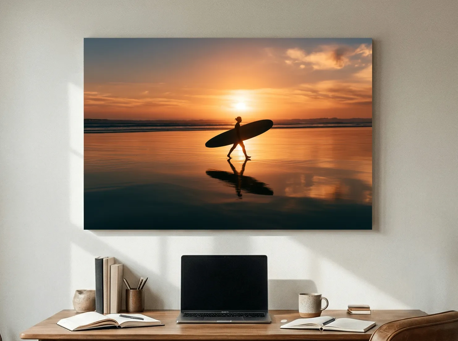 Sunset Longboard Surfer Silhouette - Photographic Beach Wall Art