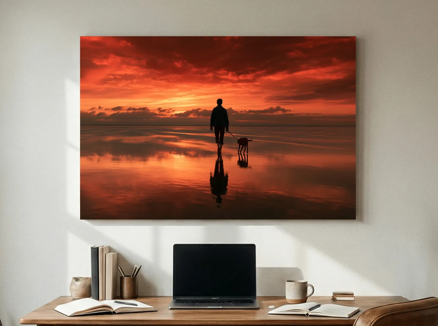 Sunset Beach Walker With Dog - Surreal Photographic Wall Art