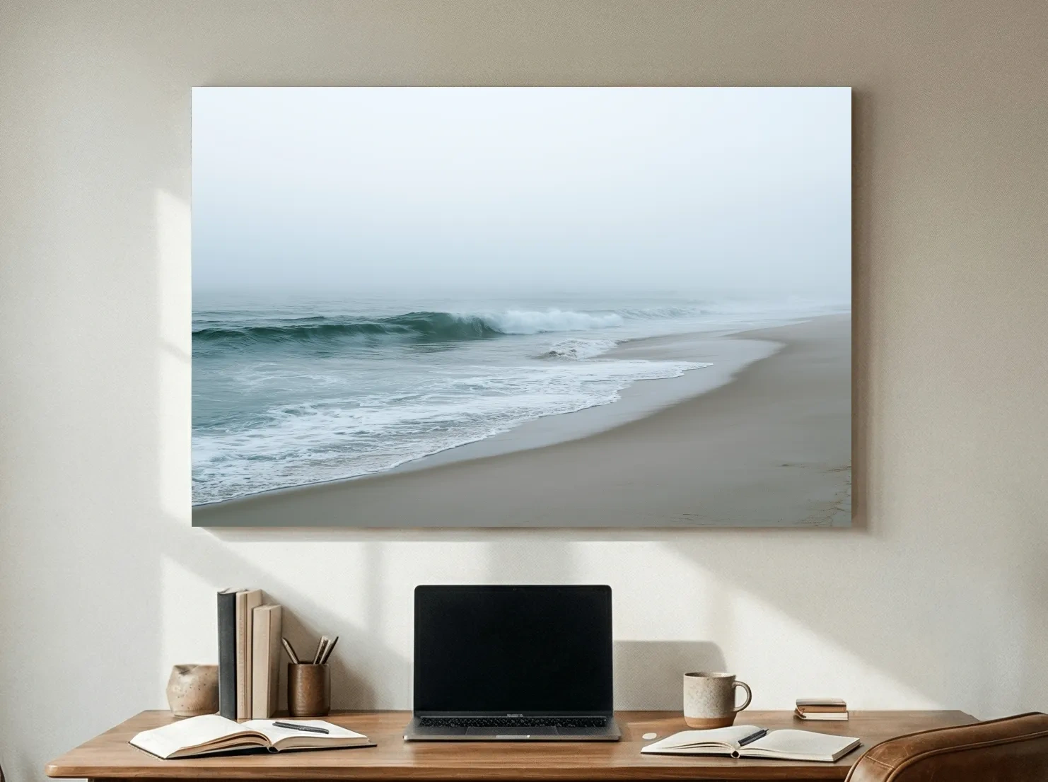 Misty Beach Waves - Minimalist Photographic Wall Art