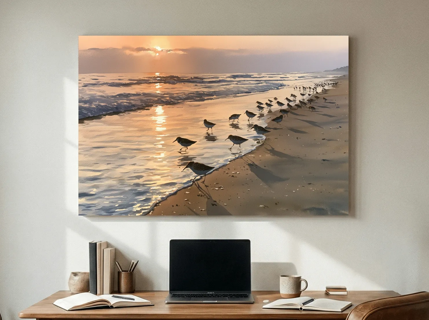Golden Sunset Shorebirds Painting - Serene Coastal Wall Art