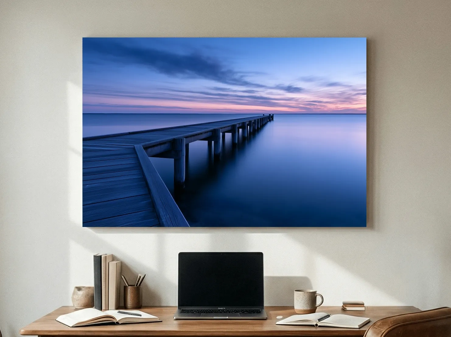 Misty Coastal Pier At Twilight - Long Exposure Photographic Wall Art
