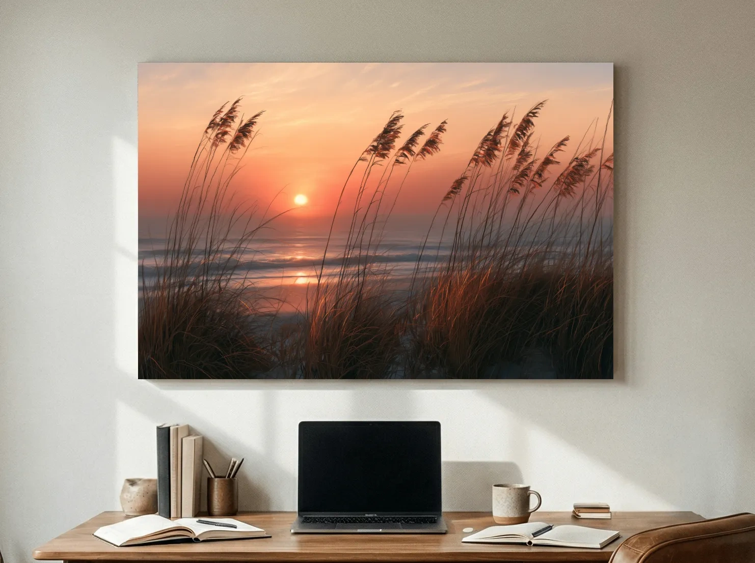 Boho Coastal Dune Grass Sunset - Soft Chalk Drawing Wall Art