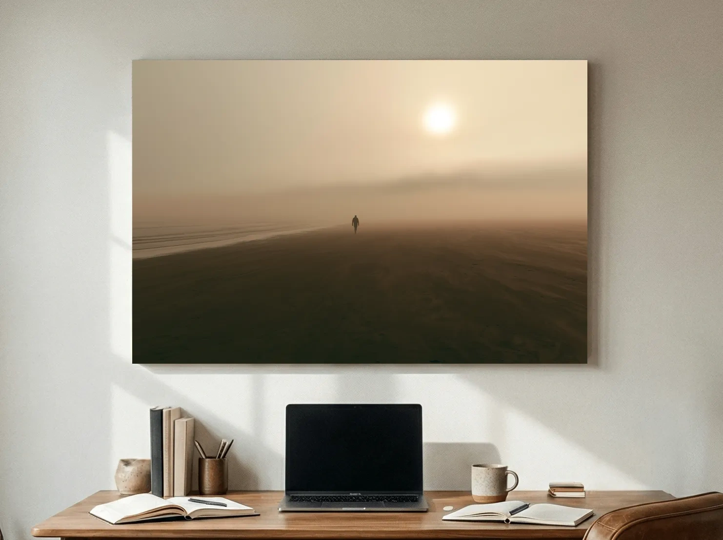 Misty Solitary Beach Walker - Minimalist Photographic Wall Art