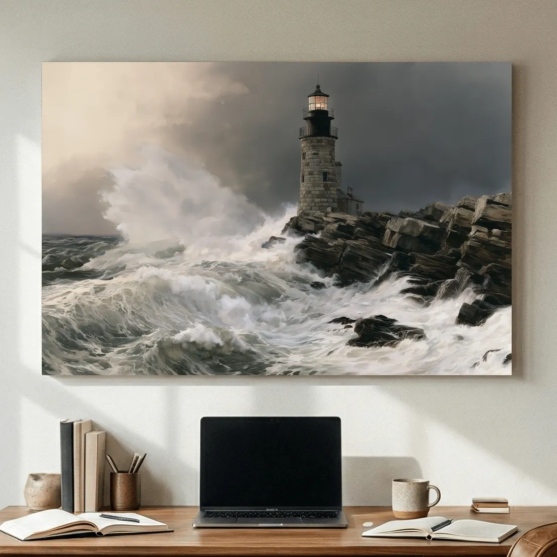 Stormy Lighthouse Seascape Painting - Dramatic Waves Wall Art