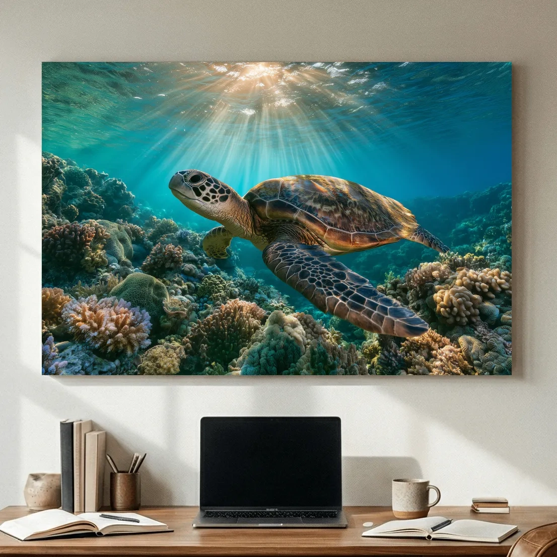 Sunlit Sea Turtle Coral Reef - Underwater Marine Life Photographic Artwork