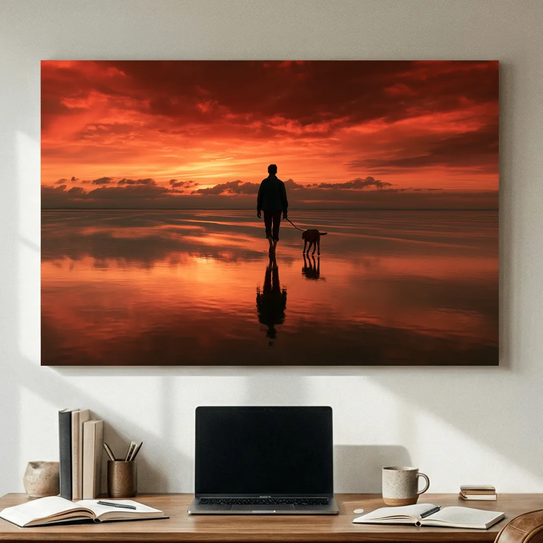 Sunset Beach Walker With Dog - Surreal Photographic Wall Art