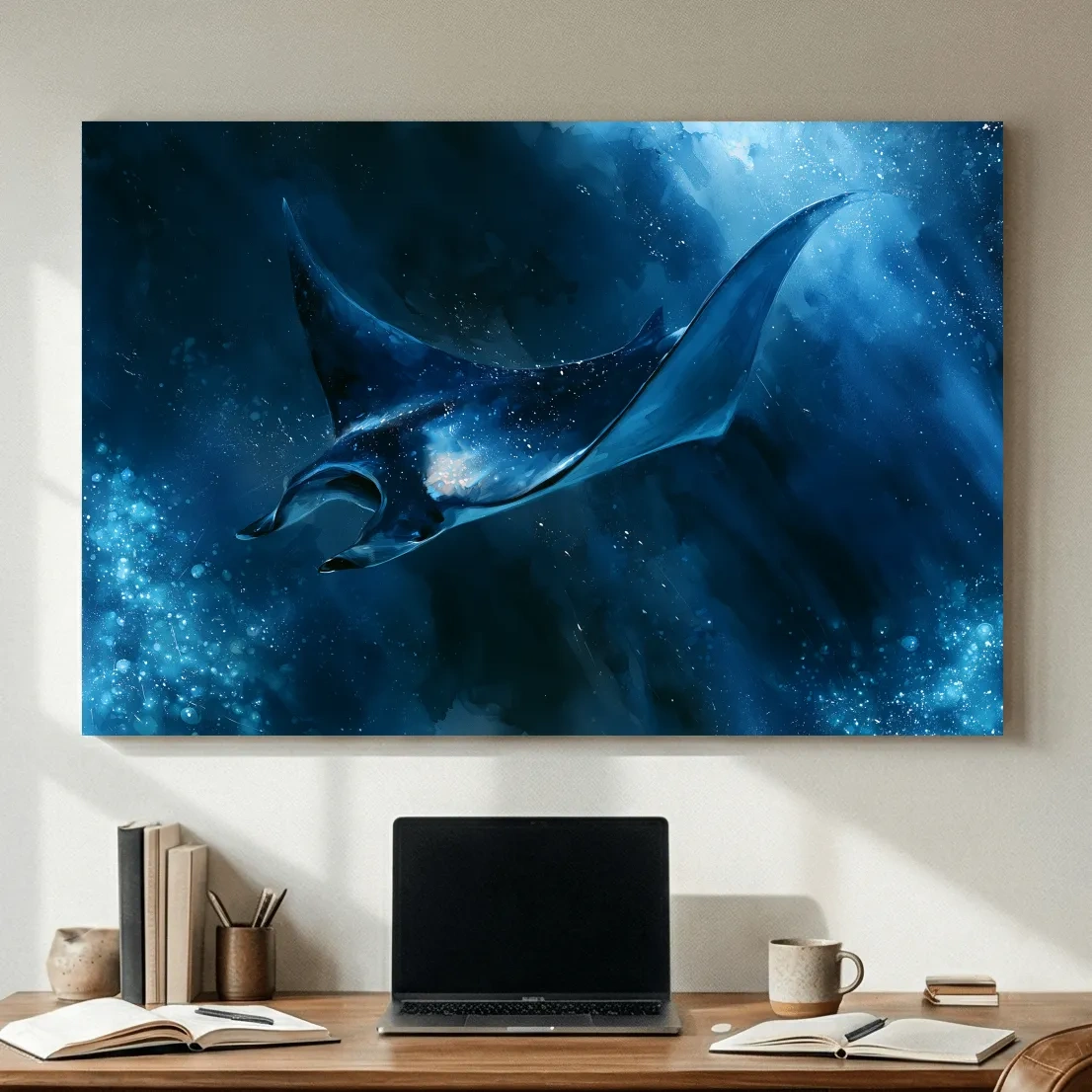 Majestic Manta Ray Underwater Painting - Dramatic Marine Life Wall Art