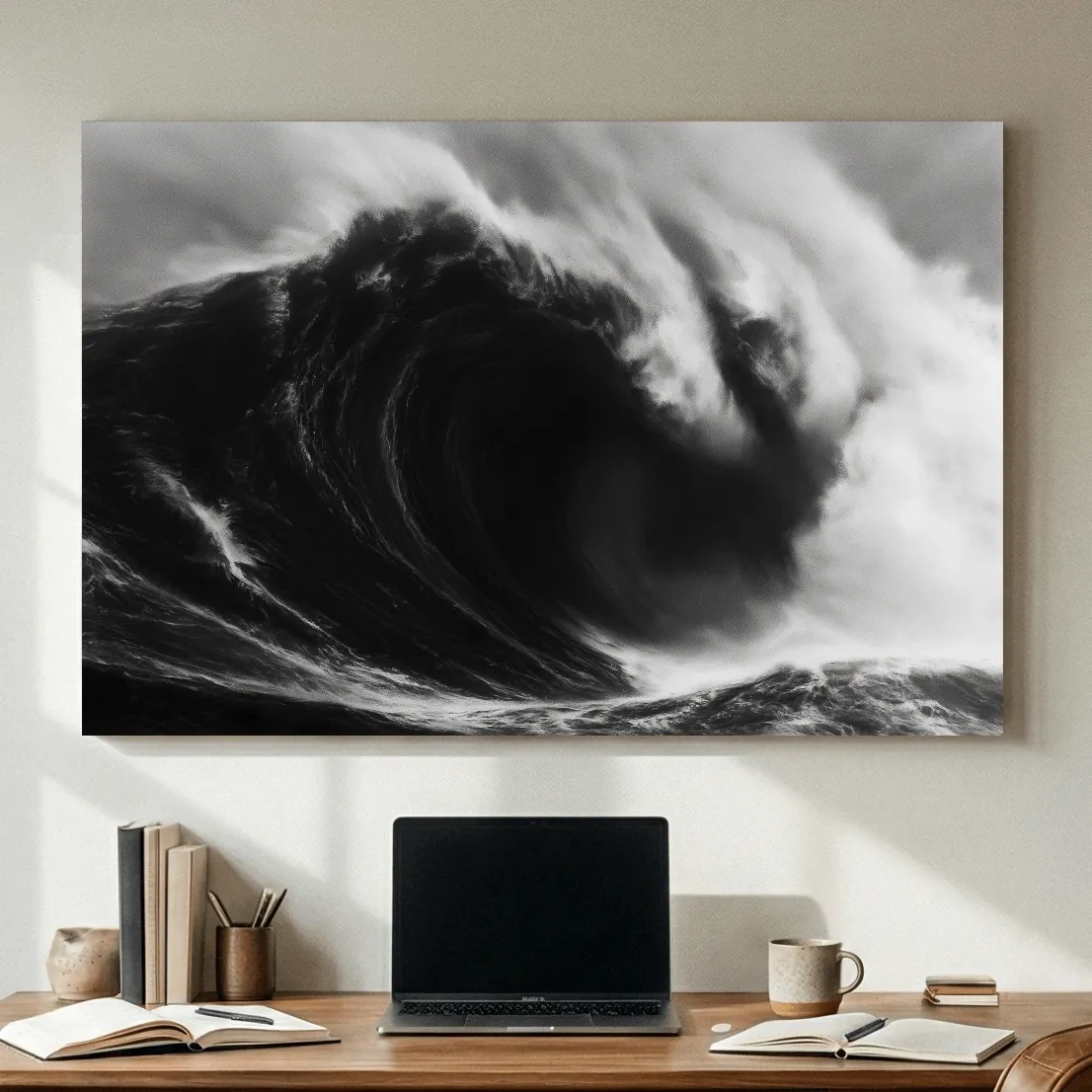 Abstract Monochrome Crashing Wave Drawing - Dramatic Ocean Wall Art