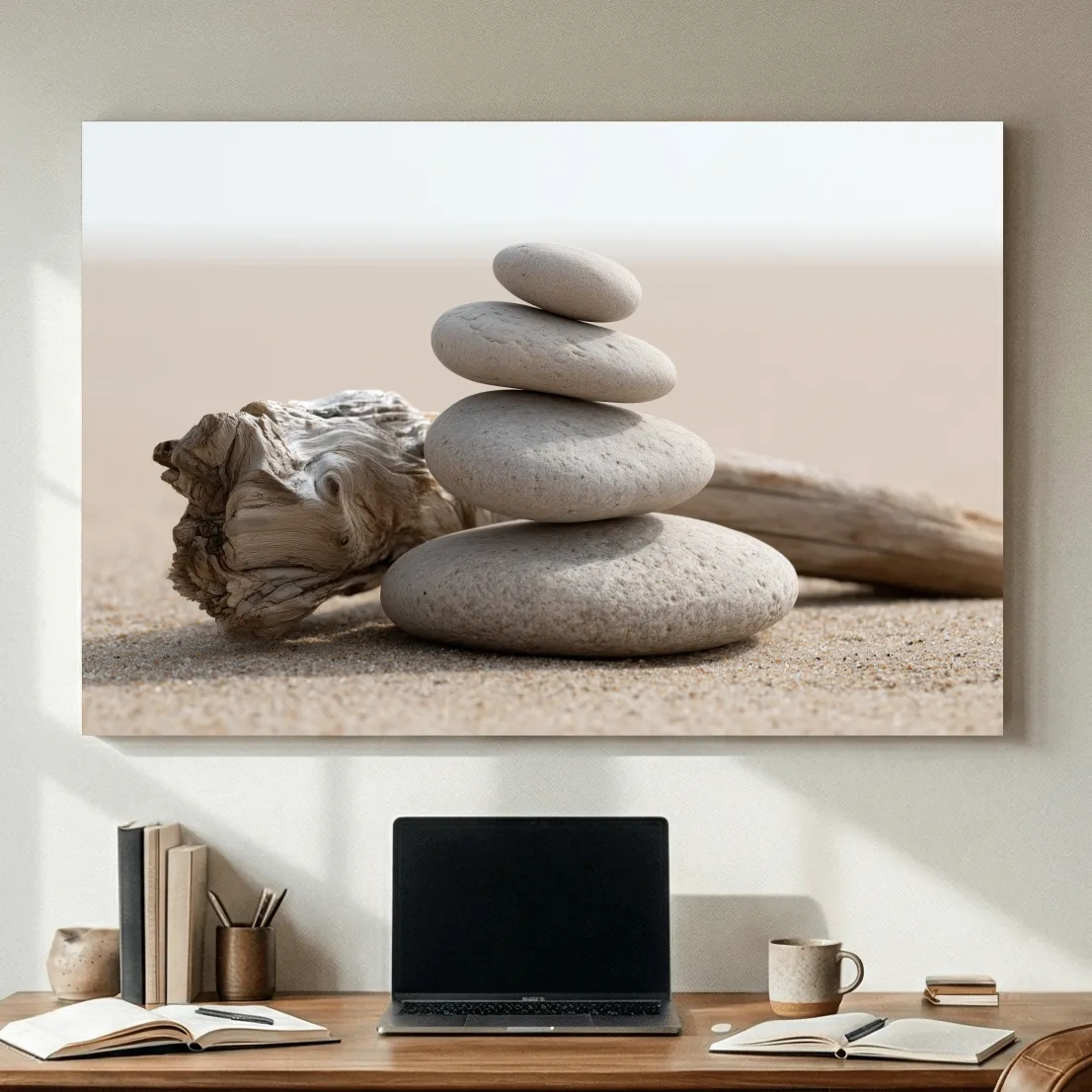 Balanced Pebble Cairn With Driftwood - Minimalist Beach Photographic Wall Art