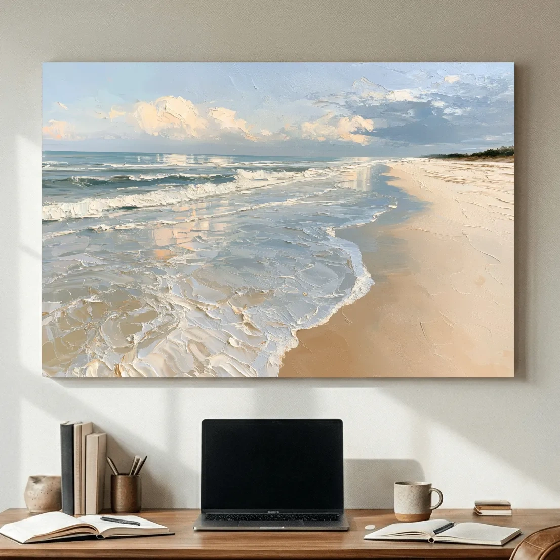 Serene Sandy Beach Seascape - Impasto Style Coastal Wall Art