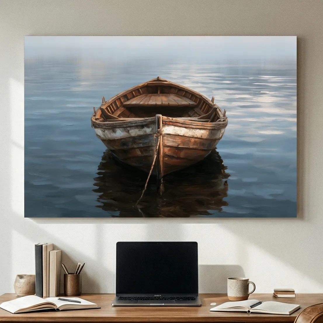 Rustic Wooden Rowboat Painting - Quiet Nautical Water Reflection Art