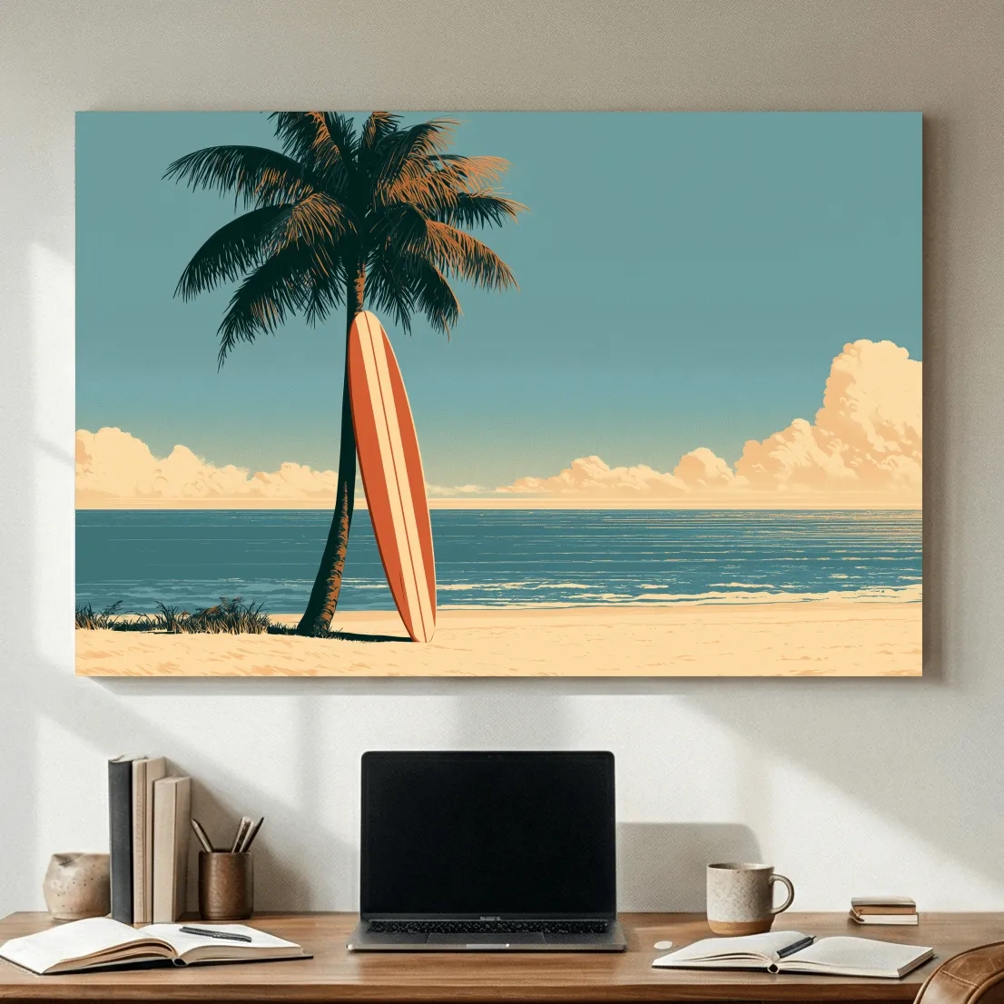 Vintage Surfboard Palm Beach - Retro Tropical Surfer Wall Art