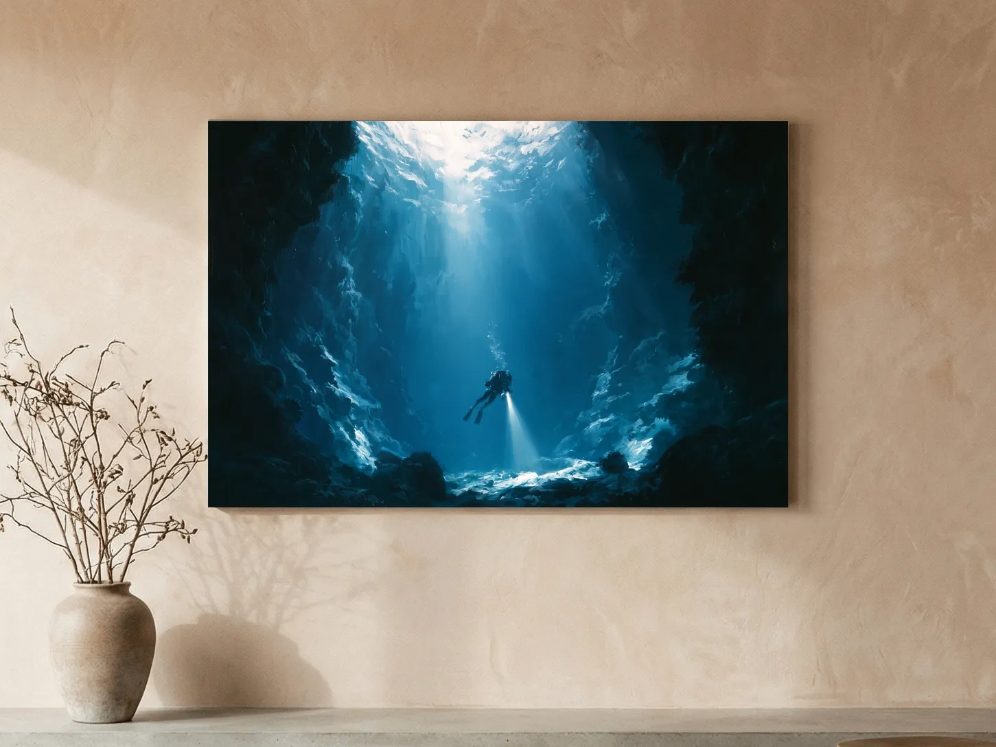 Surreal Underwater Scuba Diver Painting - Dramatic Deep Sea Wall Art
